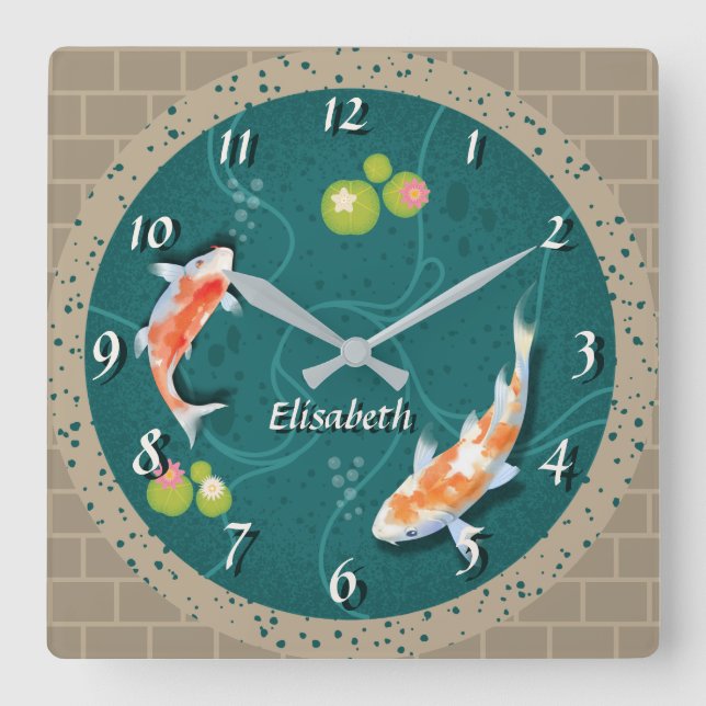 Custom Monogram Koi Pond Japanese Water Garden Square Wall Clock (Front)