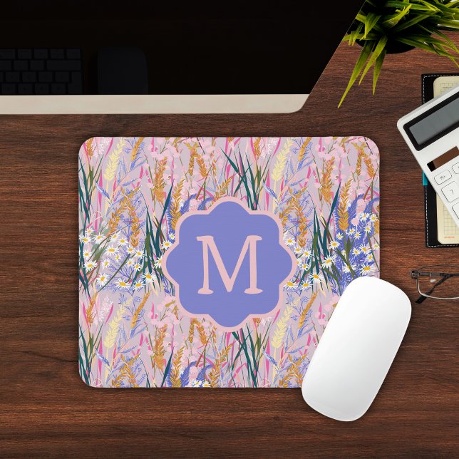 Custom Monogram Lavender Mouse Mat (Lavender Daisies Custom Initial Monogram Floral Mouse Pad
)