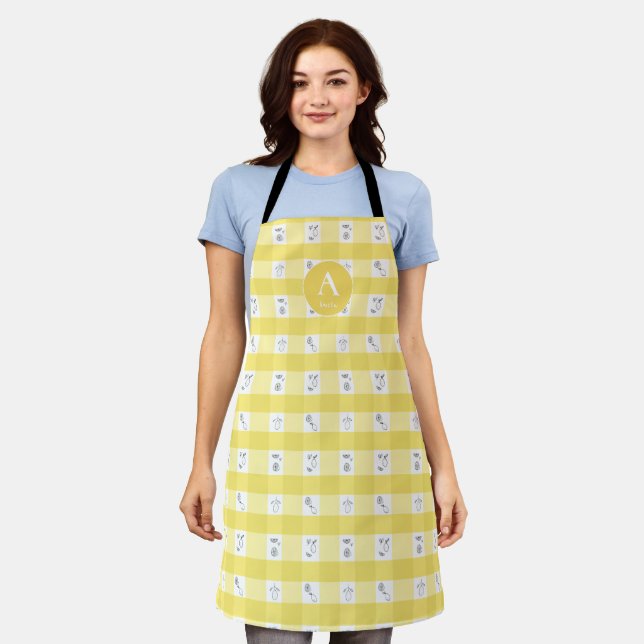 Custom Monogram Lemon Plaid  Apron (Worn)