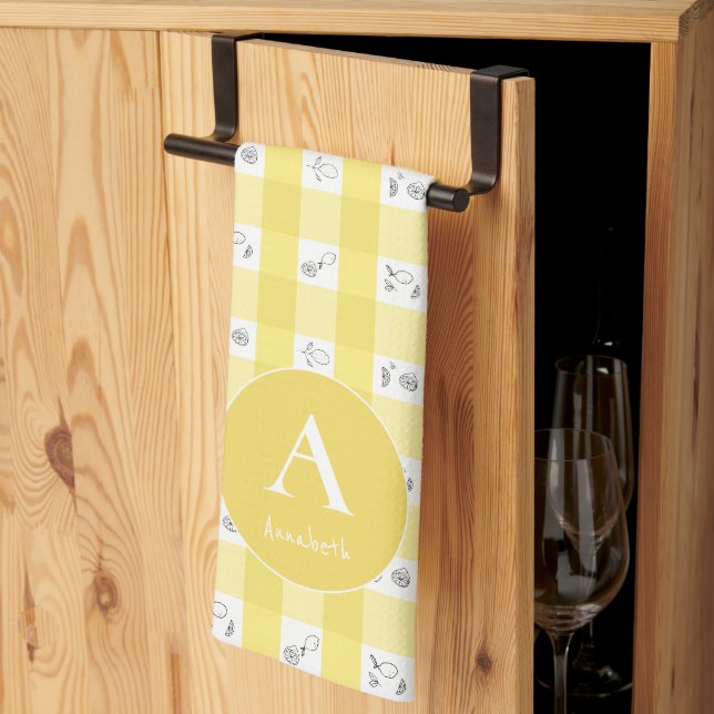 Custom Monogram Lemon Plaid  Tea Towel (Thirds Fold)