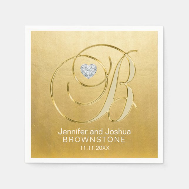Custom Monogram Letter B Gold Foil Heart Wedding Napkin (Front)