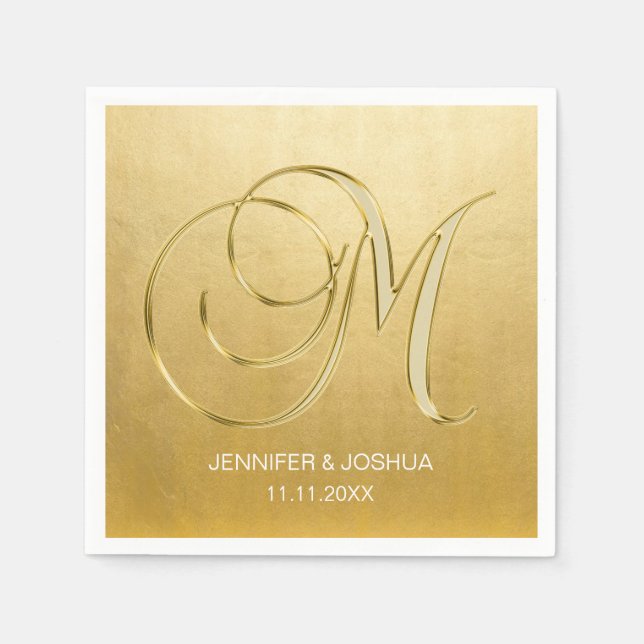 Custom Monogram Letter M Gold Foil Wedding Napkin (Front)