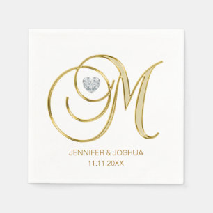 Custom Monogram Letter M Gold Heart Wedding Napkin
