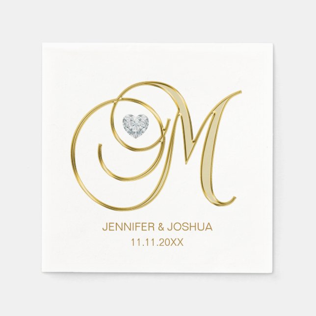 Custom Monogram Letter M Gold Heart Wedding Napkin (Front)