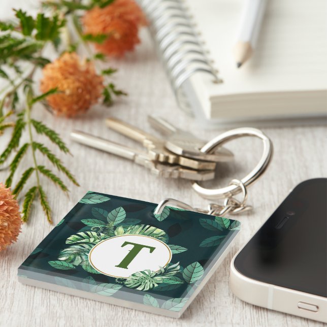 Custom monogram letter Plant leaf home or car key Ring (Front Right)