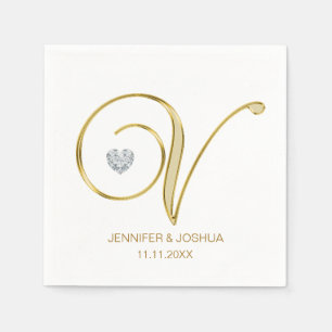 Custom Monogram Letter V Gold Heart Wedding Napkin