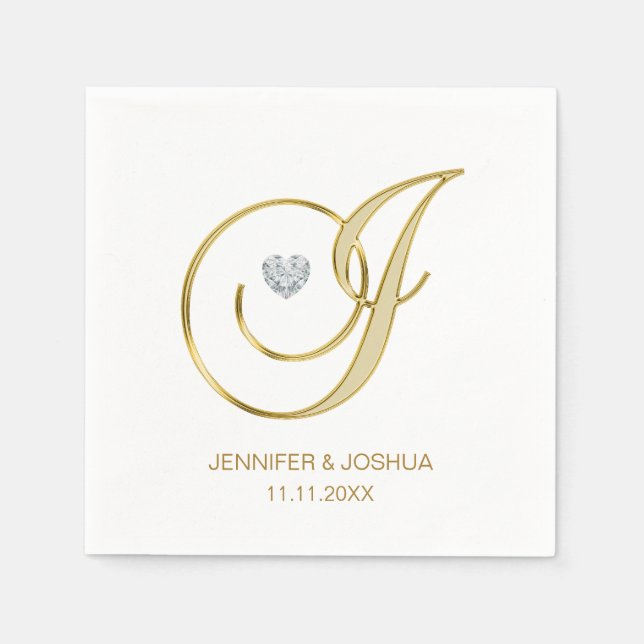Custom Monogram LetterJ Gold Heart Wedding  Napkin (Front)