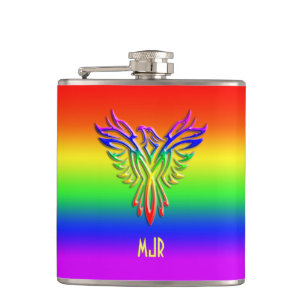 Custom monogram, LGBT Rainbow Pride Phoenix Rising Hip Flask