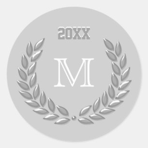  Custom Monogram Light Grey Laurel Wreath Classic Round Sticker