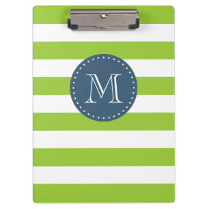 Custom Monogram Lime Green and Navy Bold Stripes Clipboard