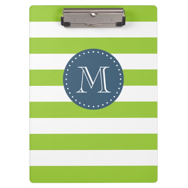 Custom Monogram Lime Green and Navy Bold Stripes Clipboard (Front)
