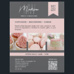 Custom Monogram Logo Bakery Grey Pink Flyer<br><div class="desc">Promote your bakery with style and sweetness! This customisable flyer is perfect for showcasing your cupcakes, macarons, cakes, and more. Add your own three photos to highlight bestsellers or signature treats, and personalise the text with your initials, name, contact info, and tagline. A dedicated section for a QR code makes...</div>