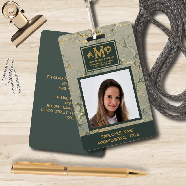 Custom Monogram Logo Gold Green Texture Employee ID Badge (Creator Uploaded)