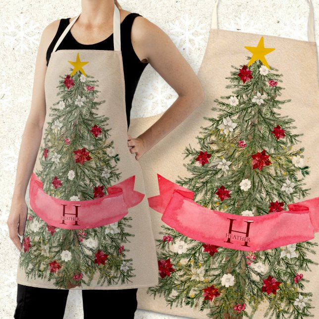 Custom Monogram Lovely Watercolor Christmas Tree Apron (Creator Uploaded)