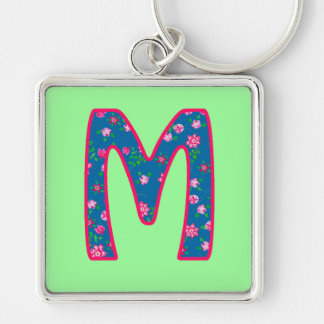 Custom Monogram M Keychain, Ditsy Floral Pattern Key Ring
