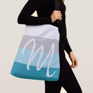 Custom Monogram M Striped Pattern Light Blue Grey Crossbody Bag