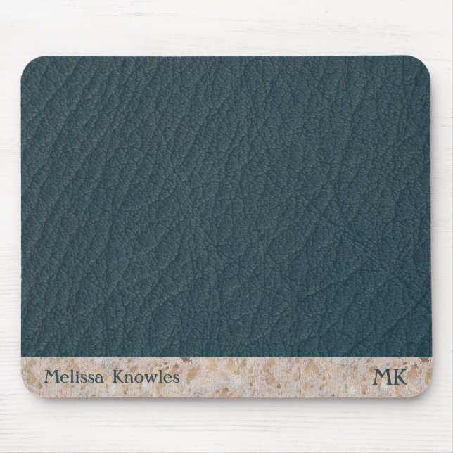 Custom Monogram Masculine Modern Teal Blue Leather Mouse Mat (Front)