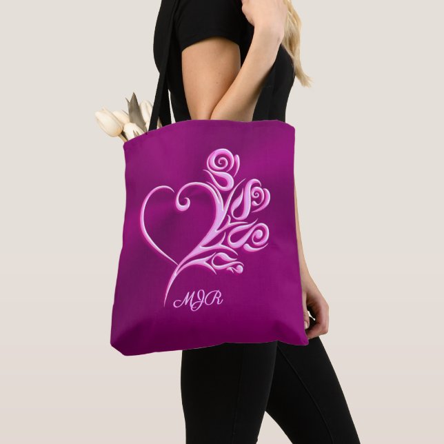 Custom monogram, Mauve Stylised Heart and Roses Tote Bag (Close Up)