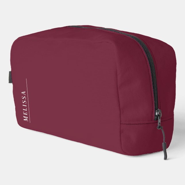 Custom monogram, modern burgundy cosmetic dopp kit (Right Corner)