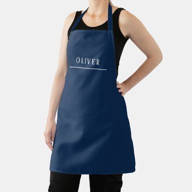 Custom monogram, modern dark blue apron (Insitu)