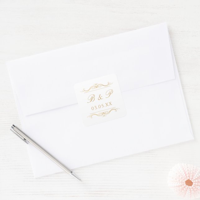 Custom Monogram Modern Elegant Gold Swirl Wedding Square Sticker (Envelope)