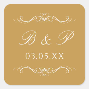 Custom Monogram Modern Elegant Gold Swirl Wedding Square Sticker