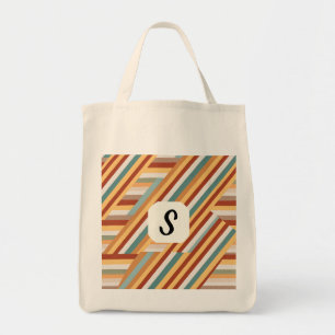 Custom Monogram Modern Retro 70s Geometric Grocery Tote Bag