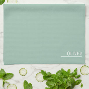 Custom monogram, modern sage green tea towel