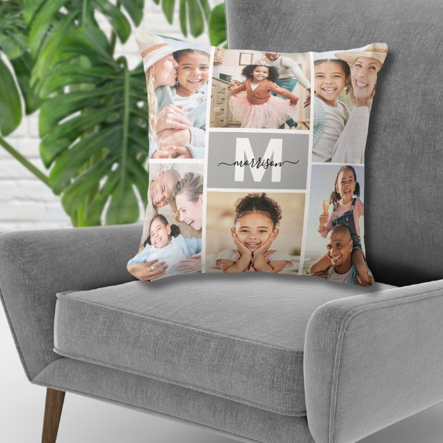 Custom Monogram Multi Photo Collage Family Cushion (Custom Monogram Multi Photo Collage Family Throw Pillow)