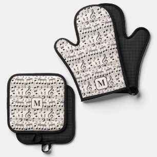 Custom Monogram Music Illustration Oven Mitt & Pot Holder Set