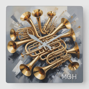 Custom Monogram Musical Instruments Square Wall Clock