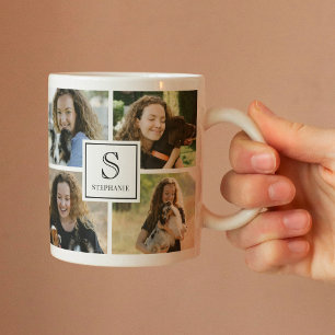 Custom Monogram & Name 4 Photo Collage Grid Coffee Mug