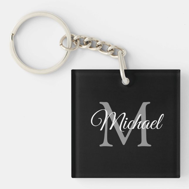 Custom Monogram Name Black Template Square Key Ring (Front)