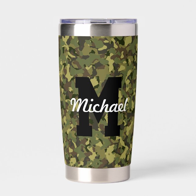 Custom Monogram Name Cool Sports Men's Green Camo Insulated Tumbler (Front)