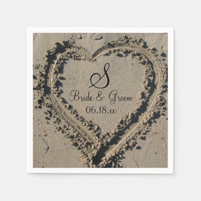 Custom Monogram Name Date Beach Wedding Sand Heart Napkin (Front)