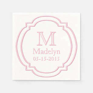 Custom Monogram Name Date White Pastel Pink Frame Napkin