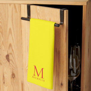 Custom Monogram Name Elegant Bright Yellow & Red Tea Towel