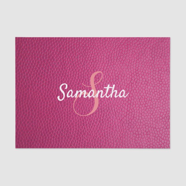 Custom Monogram Name Faux Pink Leather Texture Tissue Paper (Front)
