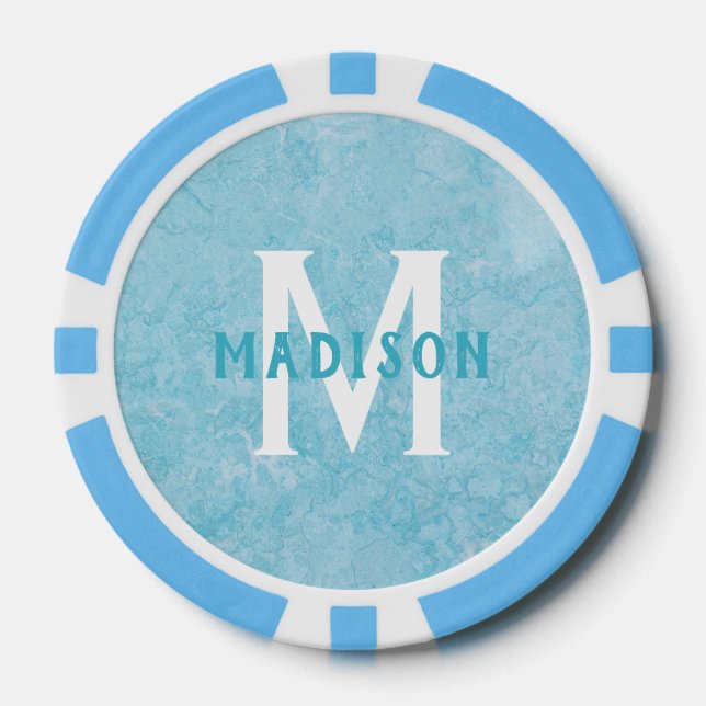 Custom monogram & name Faux Turquoise Marble Poker Chips (Front)
