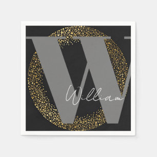 custom Monogram name gold black grey stylish Napkin