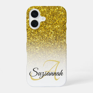 Custom Monogram Name Gold Glitter Ombre iPhone 16 Case