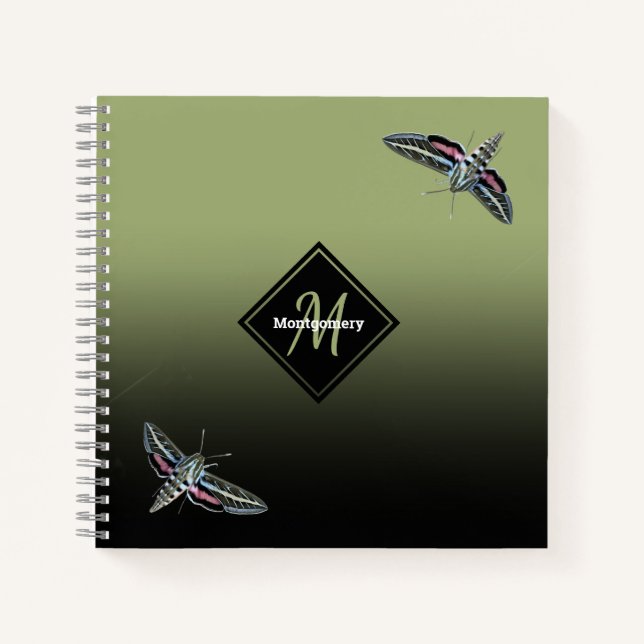 Custom Monogram Name Green Ombre Sphinx Moth Notebook (Front)
