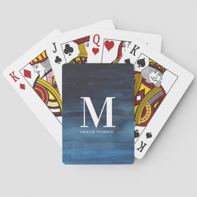 Custom Monogram Name Initial Navy Blue Ombre'  Playing Cards (Back)