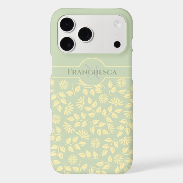 Custom Monogram Name Leaves Daisies Pastel Green (Back)