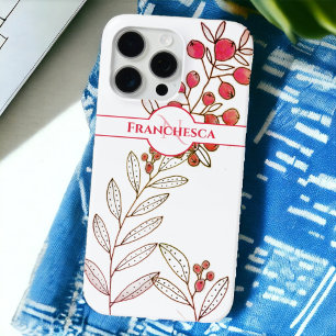 Custom Monogram Name Leaves Orange Berries Art iPhone 15 Pro Max Case
