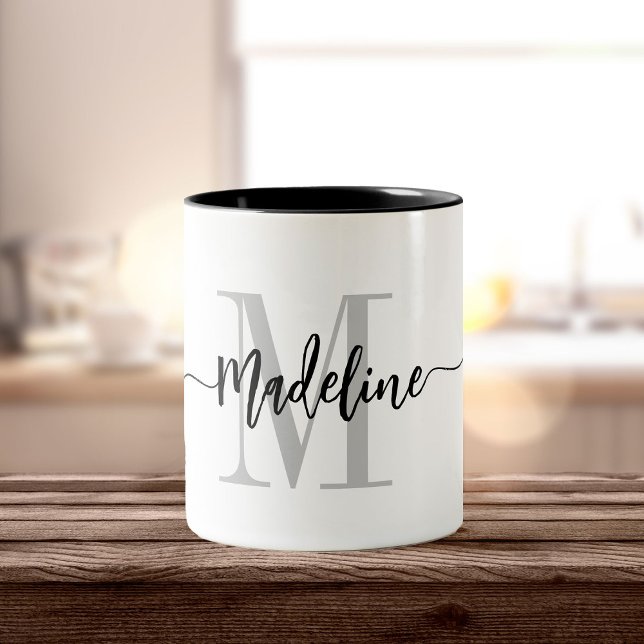 Custom Monogram Name Modern Script Swirls Two-Tone Coffee Mug (Creator Uploaded)