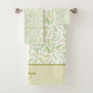 Custom Monogram Name Nature Fern Leaf Pattern Bath Towel Set