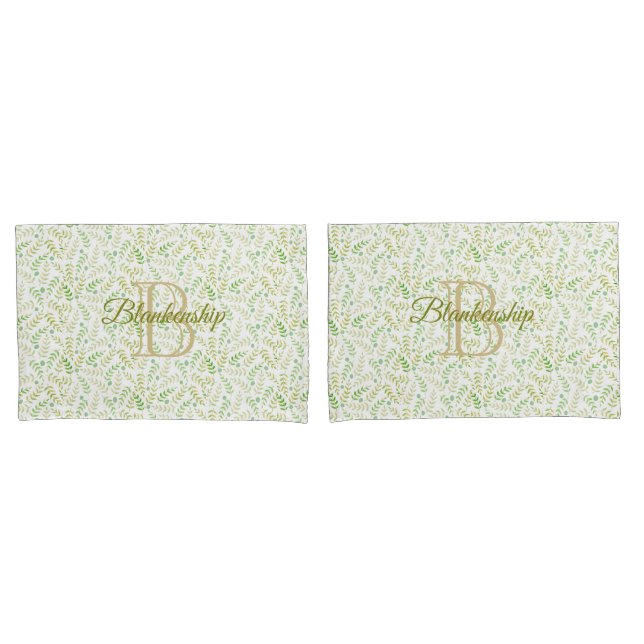 Custom Monogram Name Nature Fern Leaf Pattern Pillowcase (Front-Set)