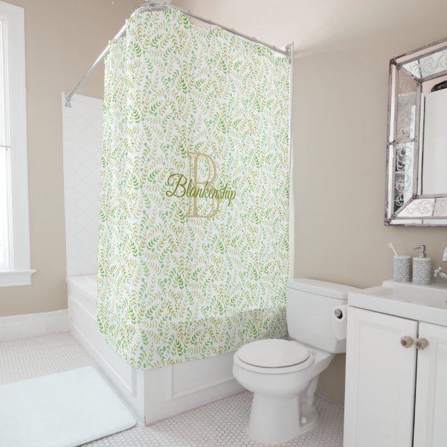 Custom Monogram Name Nature Fern Leaf Pattern  Shower Curtain (In Situ)