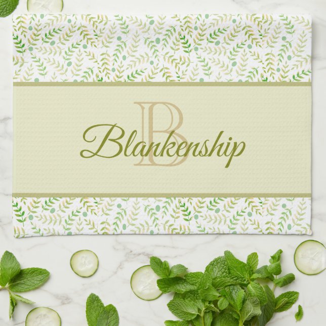 Custom Monogram Name Nature Fern Leaf Pattern Tea Towel (Folded)